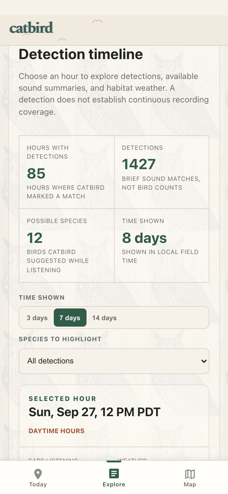 Catbird detection timeline controls and a selected hour in a redacted pilot habitat